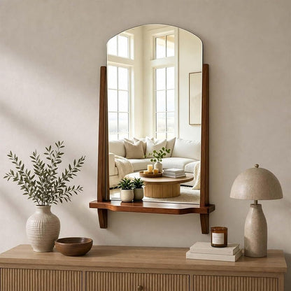 Arched Wall Mirror with Shelf - 24 x 37.4 Inch Walnut Wood Frame, Tempered Glass