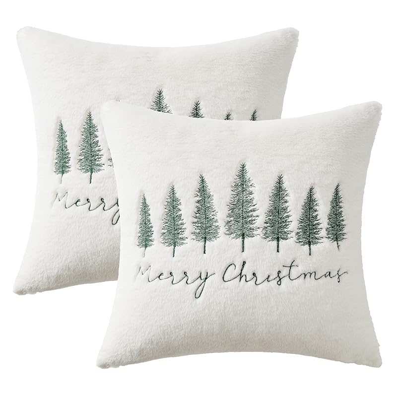 MiULEE Christmas Pillow Covers 18x18 Set of 2 — White & Green Tree Embroidered