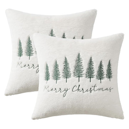 MiULEE Christmas Pillow Covers 18x18 Set of 2 — White & Green Tree Embroidered