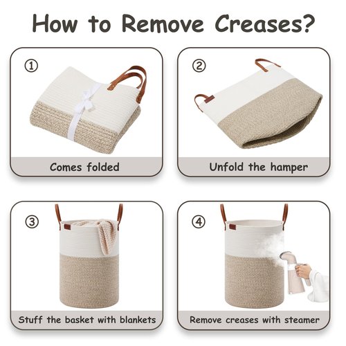 VIPOSCO Tall Laundry Basket, Large Dirty Clothes Hamper with Leather Handle, Woven Rope Storage Basket for Blanket, Toy In Living Room, Bathroom, Bedroom - 100L White & Brown