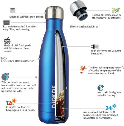 BJPKPK Insulated Water Bottles -17oz/500ml -Stainless Steel Water bottles, Sports water bottles Keep cold for 24 Hours and hot for 12 Hours,BPA Free water bottles for travel- Blue