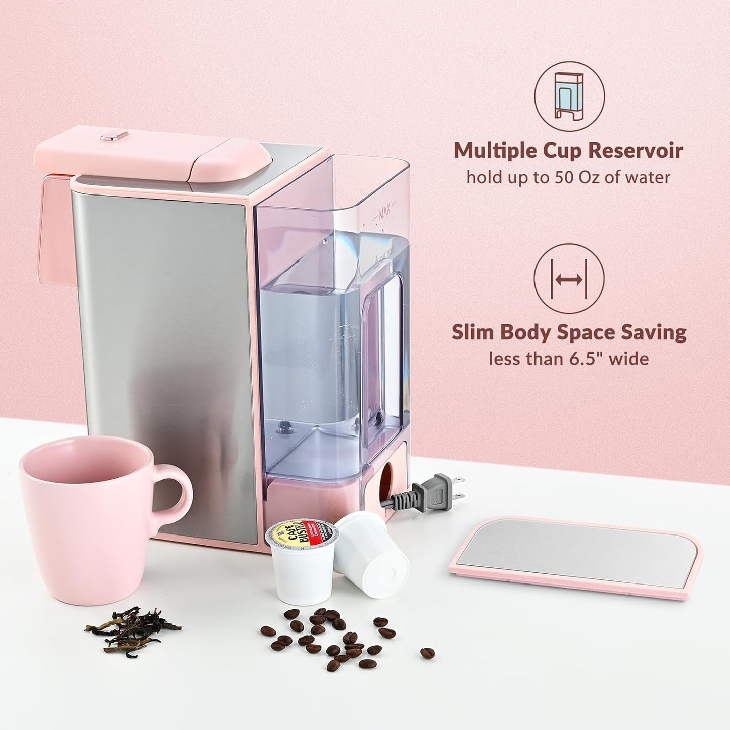 Mecity Coffee Maker - 3-in-1 Single Serve Machine for Ground & Capsule Coffee | 50 Oz Reservoir, Pink