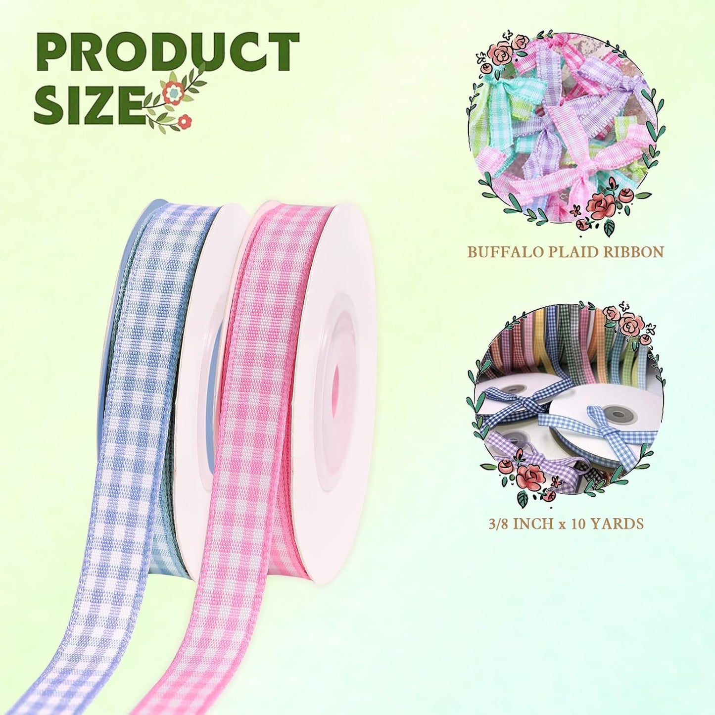 Skiennix Gingham Ribbon - Thin Checkered Polyester for Gift Wrapping & Crafts | Pink/Blue, 10 Yds x 3/8 in