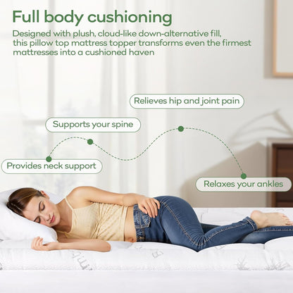 OLANLY Queen Mattress Topper - Cooling Bamboo Viscose Pillow Top for Back Pain Relief | Plush Down Alternative, White