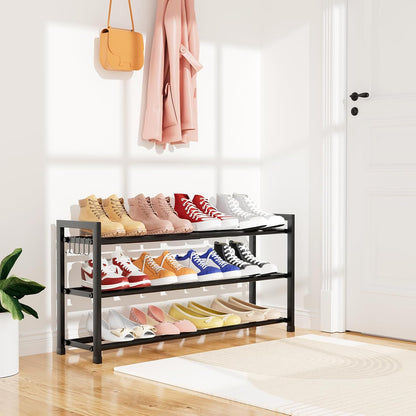 Skiennix Expandable Shoe Rack - Adjustable Metal Organizer for 12 Pairs | 3-Tier Free Standing Design, Black