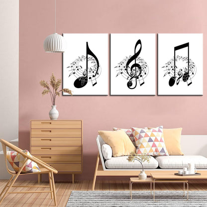 Skiennix Framed Music Notes Wall Art - Stylish Black & White Canvas Prints for Music Rooms | 12x16 in (Set of 3)