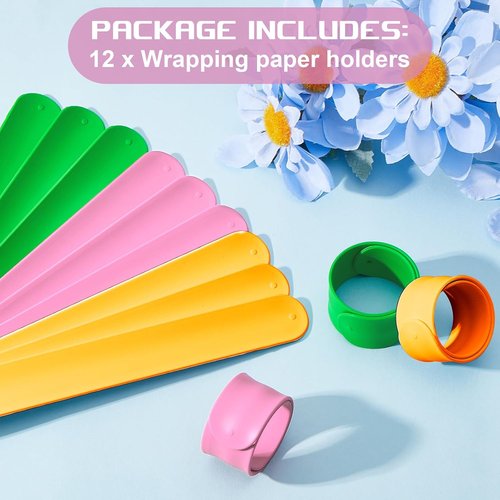 Charniol Wrapping Paper Roll Holder - 12-Piece Silicone Covered Metal Stabilizers | Organize Gift Wraps (Green, Yellow, Pink)