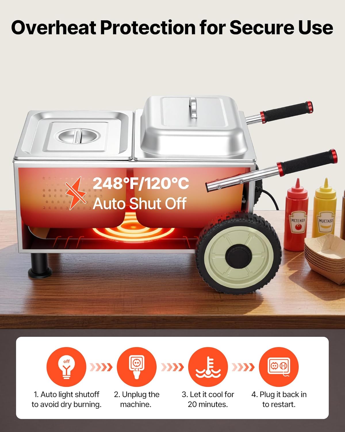 VEVOR Hot Dog Steamer Cart - 1200W Electric Stainless Steel Machine with Adjustable Temp & Portable Design