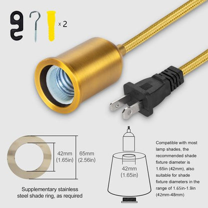 Hanging Lights with Plug in Pendant Light Cord kit Fixture Bulb Socket Golden Extension Lantern Fabric lamp Cord Switch Replacement Shade Industrial Porcelain Bulb Holder DIY Lighting 15ft 2 Set