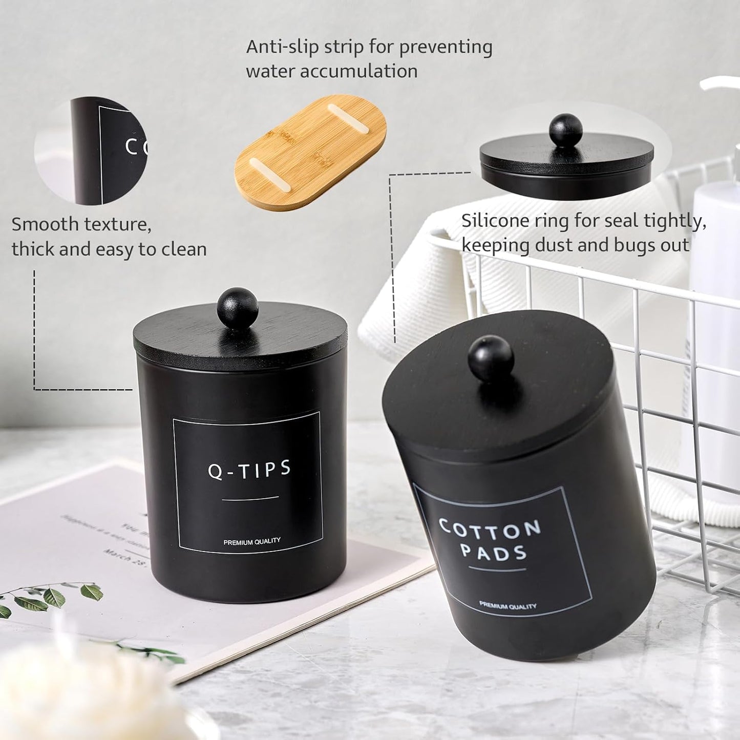 Regine Switzerland Glass Qtip Holder - Elegant Black Cotton Round Dispenser with Bamboo Tray | Set of 3