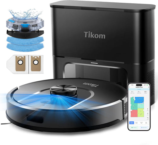Tikom Robot Vacuum - 6000Pa Robotic Cleaner with Self-Emptying Base & LiDAR Navigation | Ideal for Pet Hair & Hard Floors (L8000 Plus)