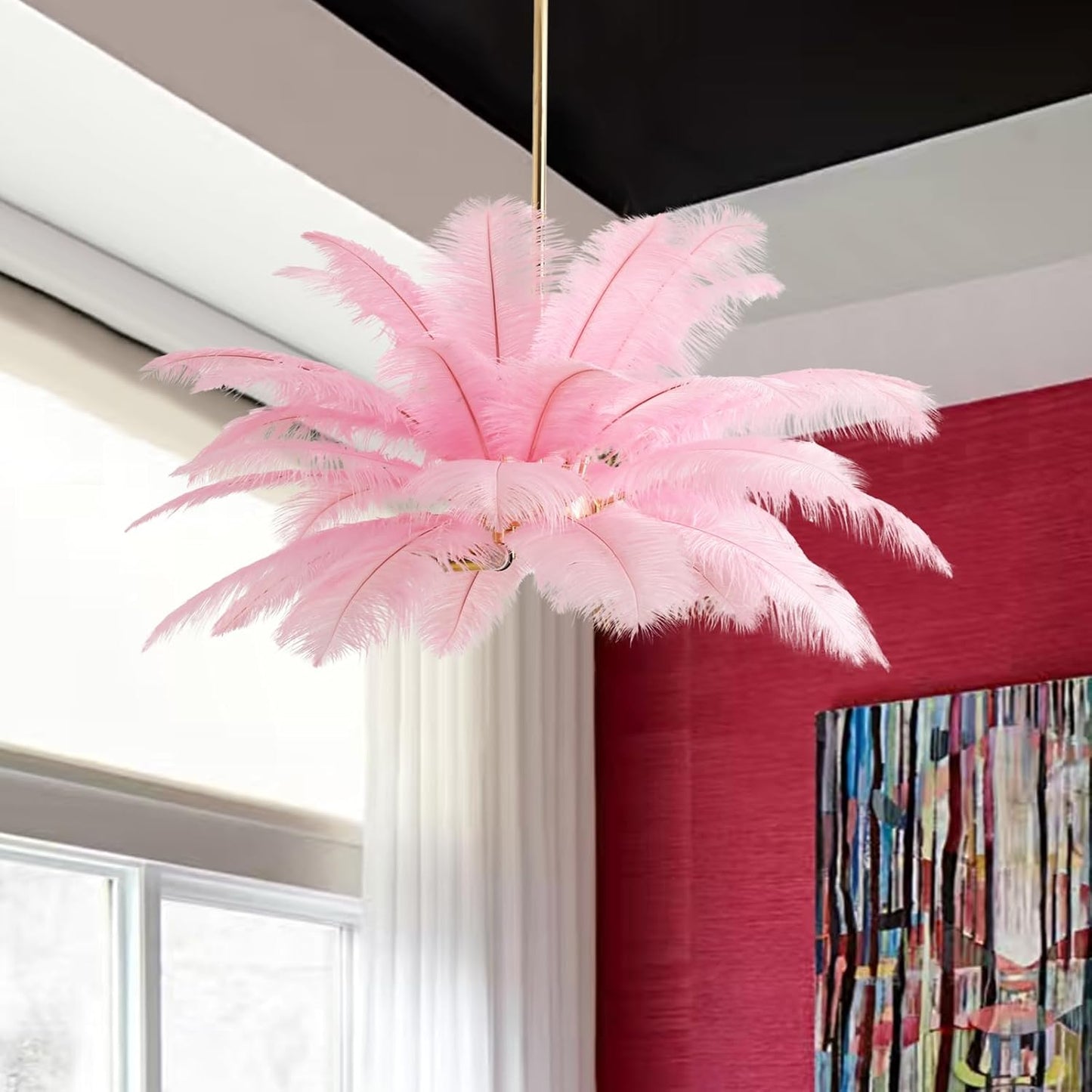 NZV Pink Feather Chandelier - Romantic Pendant Light for Girls' Room | 23.6in Ostrich Feathers, E14 Base