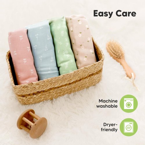 4-Pack Muslin Swaddle Blankets for Boys, Girls - Organic Baby Swaddles for Newborns, Soft & Breathable Receiving Baby Blankets for Girl, Boy, Neutral, Newborn Essentials Gift (Bloom)