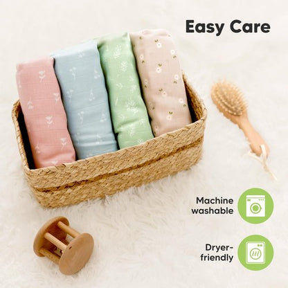 4-Pack Muslin Swaddle Blankets for Boys, Girls - Organic Baby Swaddles for Newborns, Soft & Breathable Receiving Baby Blankets for Girl, Boy, Neutral, Newborn Essentials Gift (Bloom)