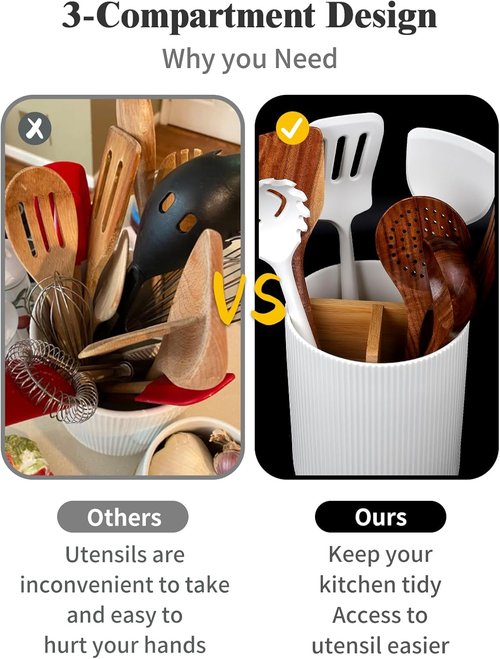 LoeJan Utensil Holder - 3 Compartment Ceramic Kitchen Organizer with Cork Bottom | Large White Crock