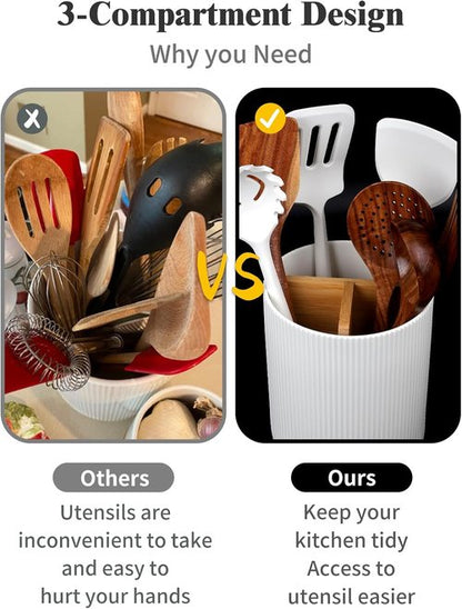 LoeJan Utensil Holder - 3 Compartment Ceramic Kitchen Organizer with Cork Bottom | Large White Crock