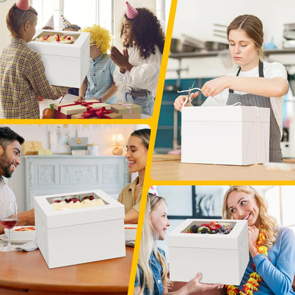 WINKIO 12-Inch Cake Boxes - Disposable Cake Transport Containers with Large Window | 4-Pack, White
