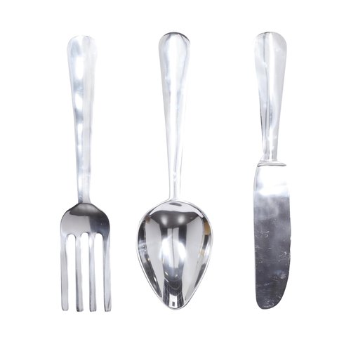 Deco 79 Aluminum Metal Utensils Home Wall Decor Knife, Spoon and Fork Wall Sculpture, Set of 3 Wall Art 4"W, 23"H, Silver