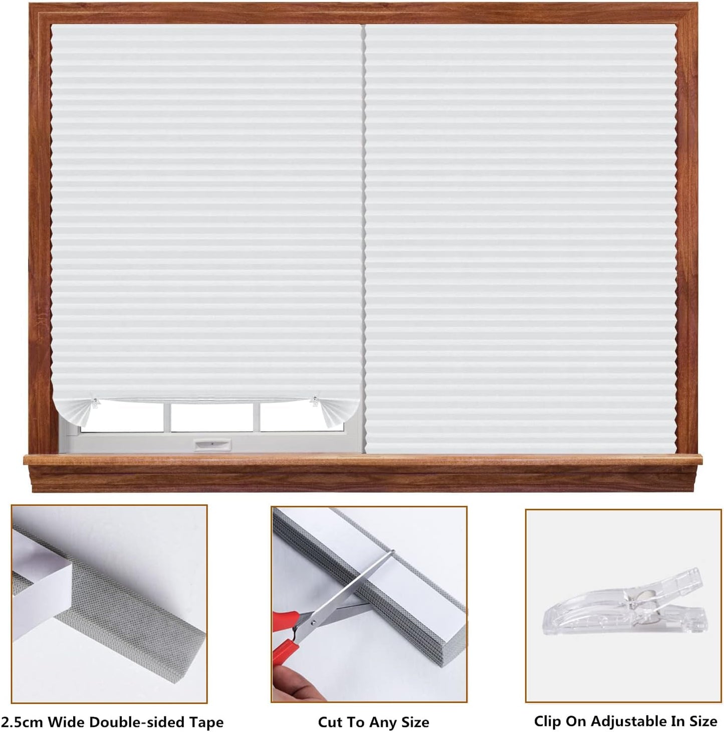 Skiennix Cordless Window Blinds - No Drill, Clip-On, Self-Adhesive, Pleated Paper Shades for Home & Nursery