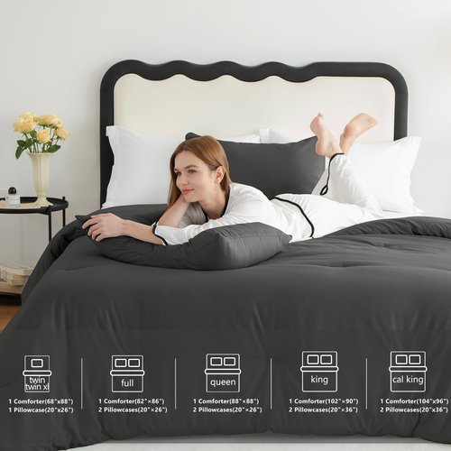 CozyLux Queen Comforter Set Dark Grey, 3 Pieces Solid Comforters Queen Size Breathable Quilted Bedding Sets, Dark Gray Luxury Soft Lightweight Bed Set with Down Alternative Comforter and 2 Pillowcases