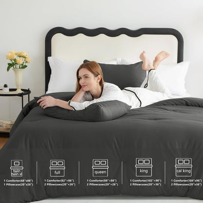 CozyLux Queen Comforter Set Dark Grey, 3 Pieces Solid Comforters Queen Size Breathable Quilted Bedding Sets, Dark Gray Luxury Soft Lightweight Bed Set with Down Alternative Comforter and 2 Pillowcases