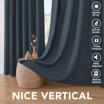 H.VERSAILTEX Linen Curtains 100% Blackout Curtains for Bedroom 90 inch Long Full Light Blocking Nature Linen Blended Window Curtains for Living Room Nickel Grommet (2 Panels, Navy)