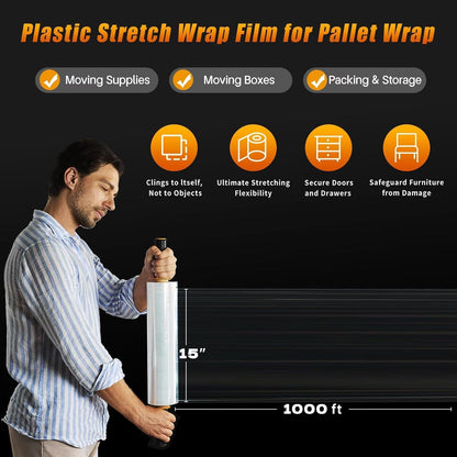 Stretch Film Shrink Wrap - Industrial Strength Plastic Wrap for Moving Supplies | 15 Inch, 1000ft, 2 Pack