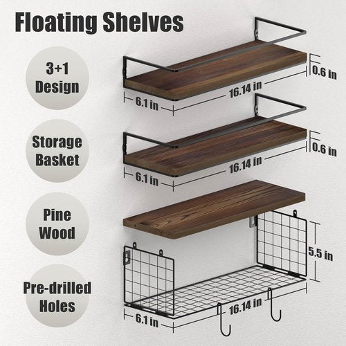 3+3 Bathroom Shelves - Wall Mounted Over Toilet with Storage Basket & Hooks | Brown Floating Shelves