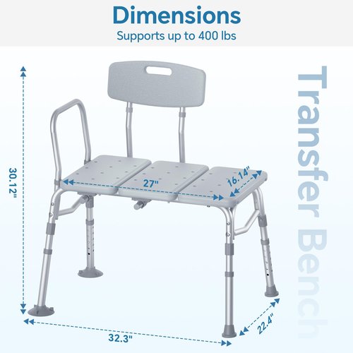 HOMLAND Tub Transfer Bench for Bathtub, FSA/HSA Eligible 400 lbs Heavy Duty Shower Chair with Backrest, Slip-Resistant Feet, Height Adjustable Shower Bench Shower Seat for Elderly and Disabled