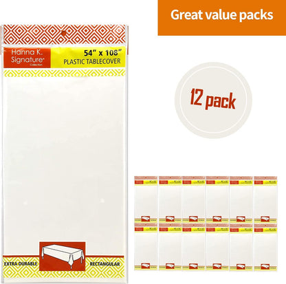 Party Dimensions White Disposable Plastic Tablecloth - 12 Pack for Rectangle Tables | 54 x 108 Inches, Perfect for Events & Weddings