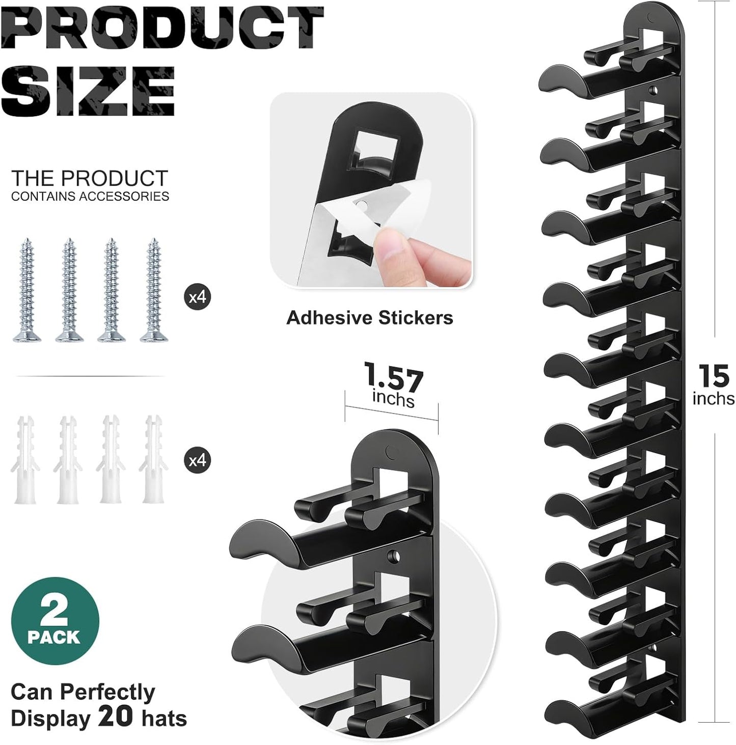 Skiennix Hat Hook Organizer - Holds Up to 20 Hats | Strong Adhesive & Screws Included - Black, 2 Pack
