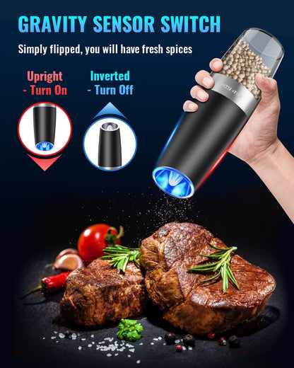 Gravity Electric Pepper/Salt Grinder, Salt or Pepper Mill & Adjustable Coarseness, Battery Powered with LED Light, One Hand Automatic Operation, Stainless Steel (Single/Black)