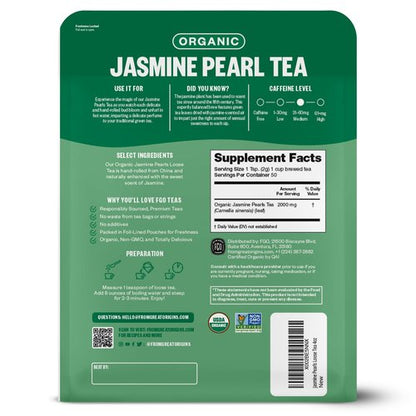 FGO Organic Jasmine Pearl Green Tea, Four Ounce, Loose Leaf, Resealable Bag, Packaging May Vary (Pack of 1)
