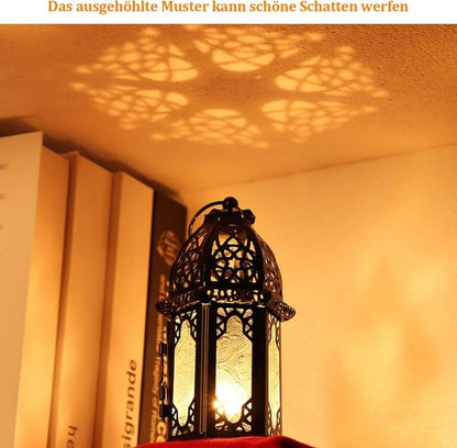 IMAGE Metal Candle Lantern - 6.7" Hanging Moroccan Birdcage Holder with Glass - Black for Home Decor