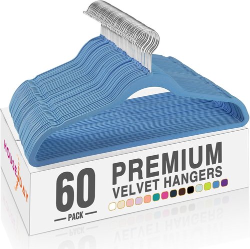 HOUSE DAY Velvet Hangers - Tranquil Blue Non-Slip Heavy Duty 60 Pack | Slim Space-Saving Design with 360° Rotating Hook