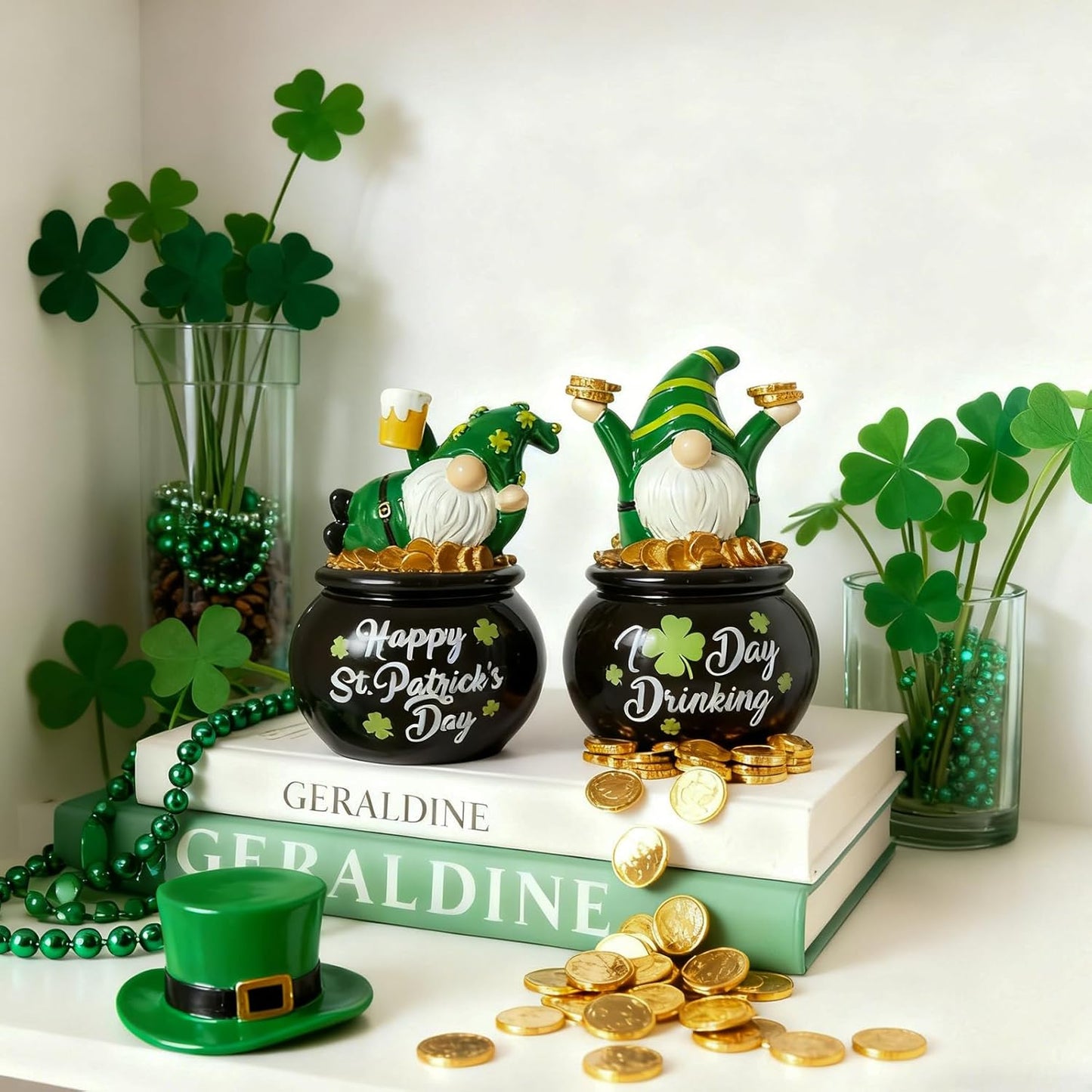 WDS WONDROUS St. Patrick's Day Gnome Figurines - Lucky Pot of Gold Decor | 2-Piece Green Resin Set