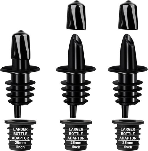 Liquor Pour Spouts for Bottles with Rubber Dust Caps, Classic Bottle Pourers with 3 Adapters for Alcohol, Olive Oil, Juices and Syrups Bottles, Bar Bartender Accessories, 3 Pack, Plastic