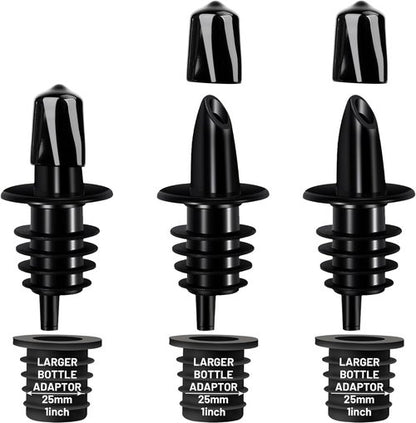 Liquor Pour Spouts for Bottles with Rubber Dust Caps, Classic Bottle Pourers with 3 Adapters for Alcohol, Olive Oil, Juices and Syrups Bottles, Bar Bartender Accessories, 3 Pack, Plastic