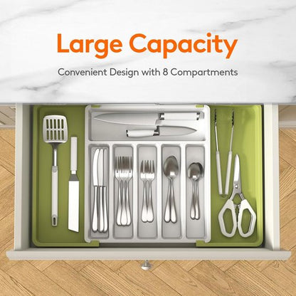 Lifewit Silverware Drawer Organizer, Expandable Utensil Tray for Kitchen, BPA Free Flatware and Cutlery Holder, Adjustable Plastic Storage for Spoons Forks Knives, 13-22 x 15", Green&White