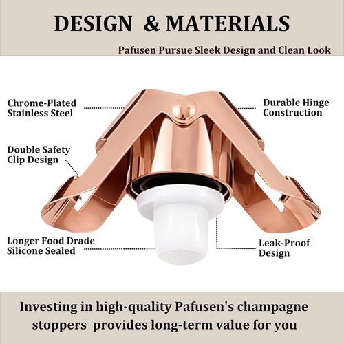 Champagne Stoppers for Bottles, Pafusen Champagne Sealer Stopper, Stainless Steel Champagne Cork Stopper Toppers, Saver for Champagne Cava Prosecco Sparkling Wine (Champagne -3-Pack-Rose Gold)