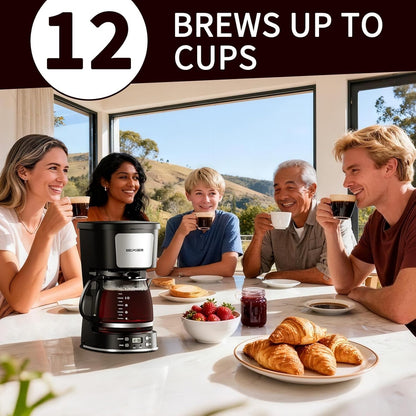 Skiennix 12-Cup Drip Coffee Maker - Programmable, Reusable Filter, Compact Design | Silver & Black
