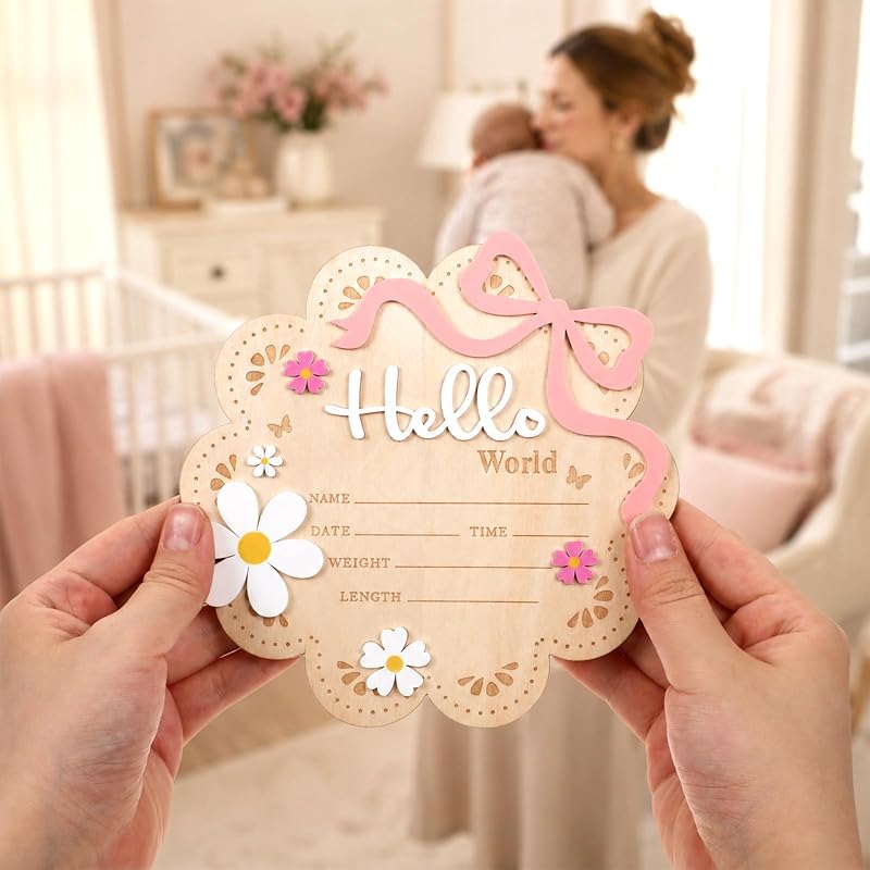 Wooden World Newborn Sign with Pink Bow – 6 Inch Baby Announcement Cloud Plaque