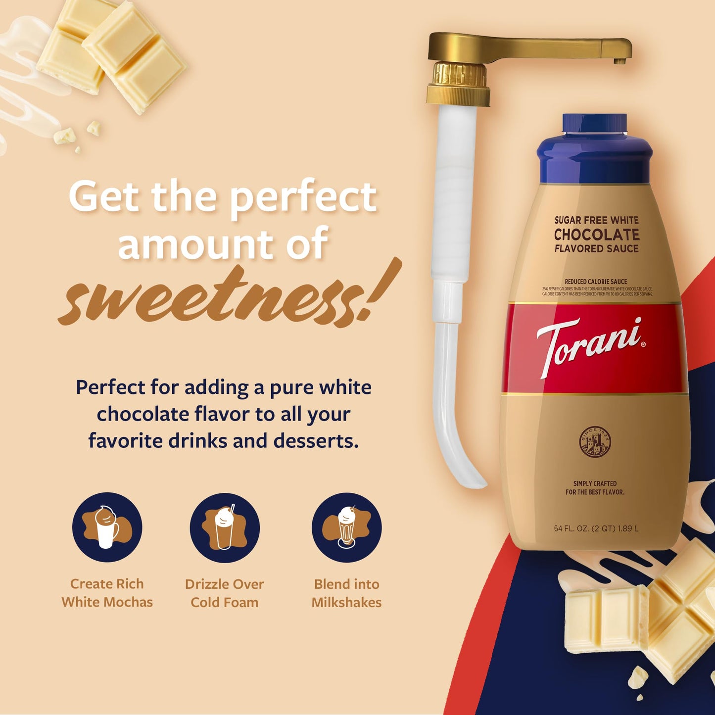 Torani Sugar Free White Chocolate Sauce for Crafting Coffeehouse Drinks, Large Squeeze Bottle with Pump, 64 Fl Oz