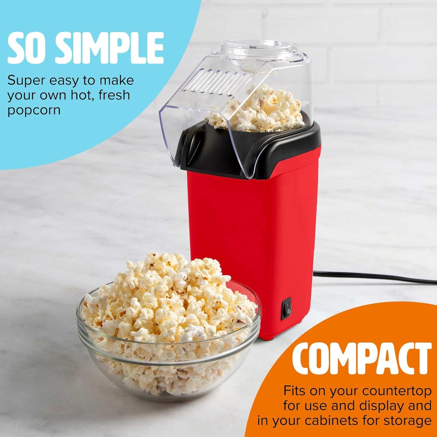 Tasty Hot Air Popcorn Popper - Healthy, Quick Popcorn Maker with Measuring Cup & Butter Warmer | 8 Cups, Red