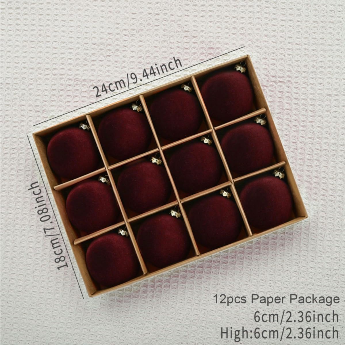 Skiennix 12PCS Velvet Christmas Tree Ornaments - Shatterproof 2.4-Inch Burgundy Balls for Holiday Decor