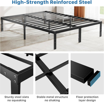 OLIXIS Metal Queen Bed Frame - 14-Inch High with Storage Space & Sturdy Steel Slat Support | Heavy Duty, Easy Assembly, Black