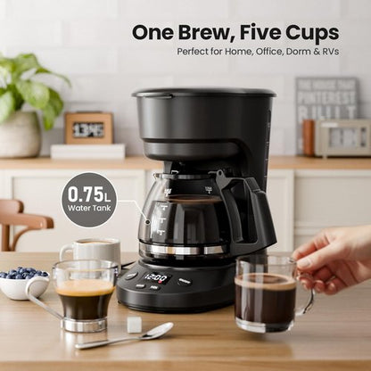Kismile 5-Cup Drip Coffee Maker - Compact Design with LED Display & Auto Shut-Off | Ideal for Home & Office (Black)