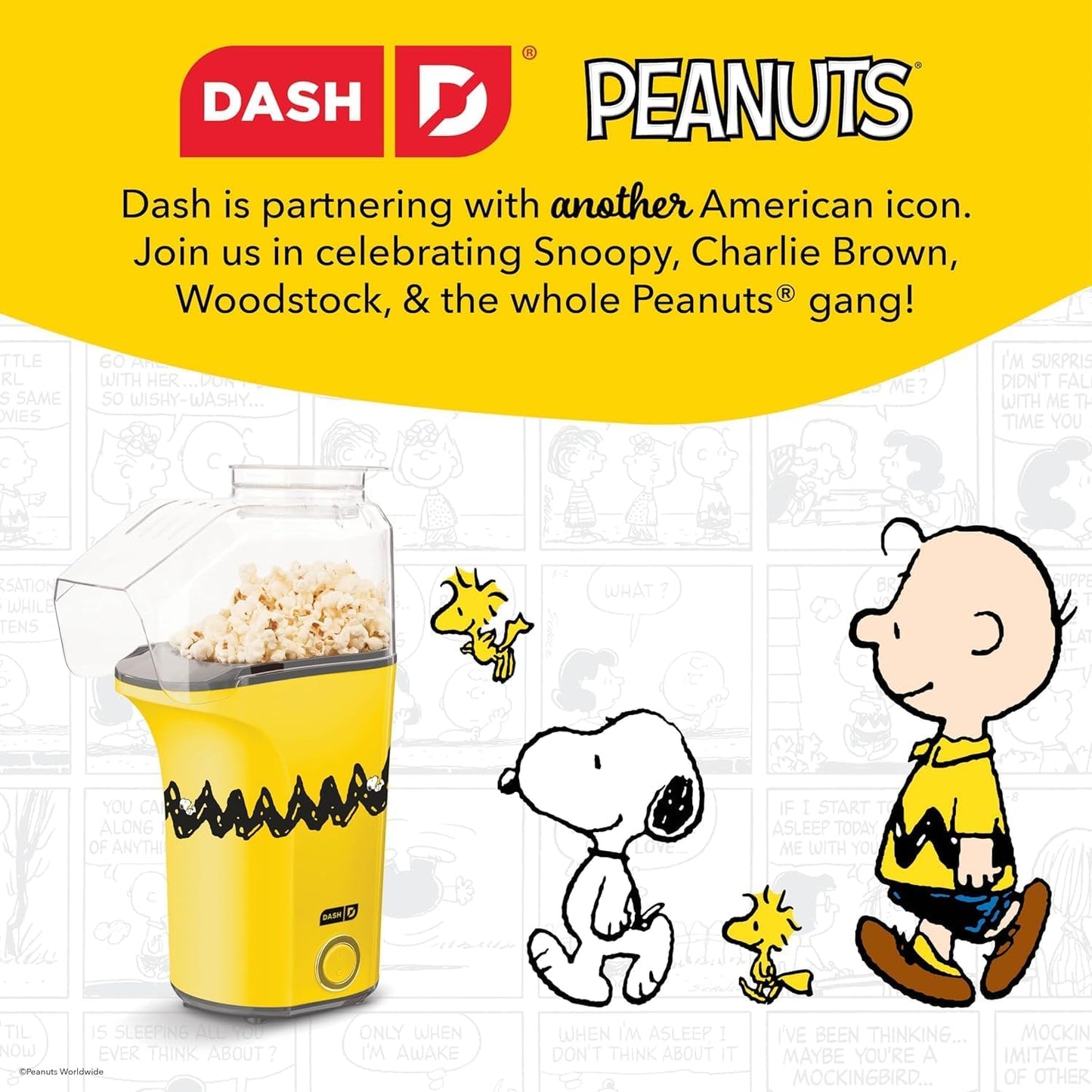 Peanuts DASH Fresh Pop Popcorn Maker - Oil-Free Air Popper with Measuring Cup & Recipe Guide - 16 Cups for Movie Nights