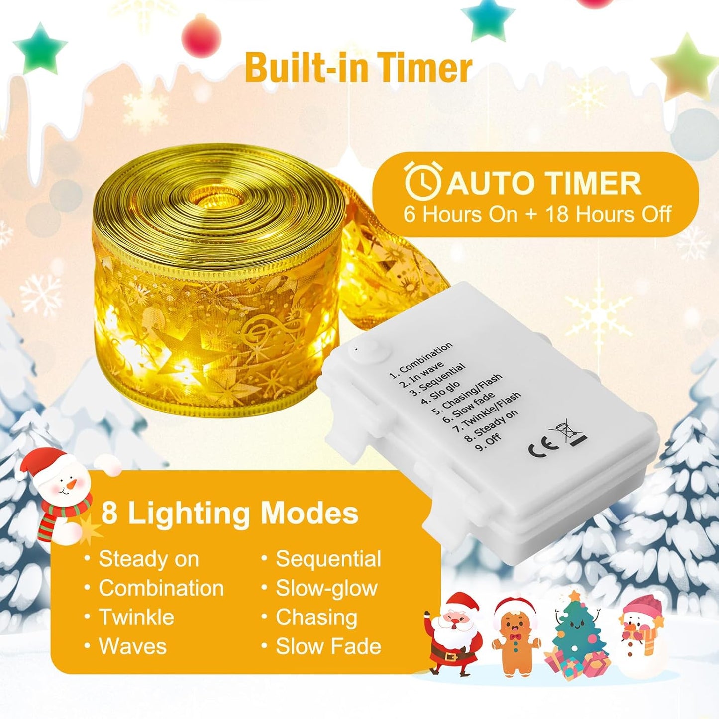 Minetom Christmas Tree Ribbon Lights - 33ft 100 LED Battery-Powered Fairy Lights | 8 Lighting Modes, Gold
