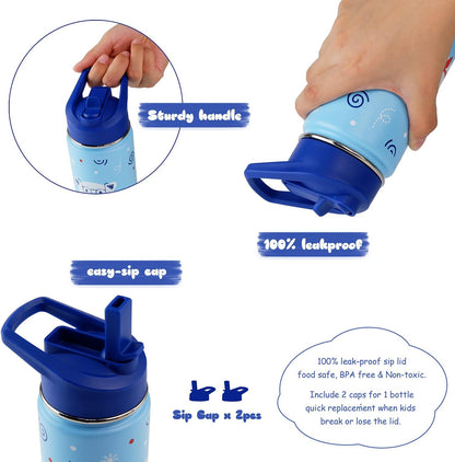 Skiennix 16 oz Stainless Steel Insulated Kids Water Bottle - Leak Proof Thermal Flask with Straw Lid | Cute Blue Bear Design for School